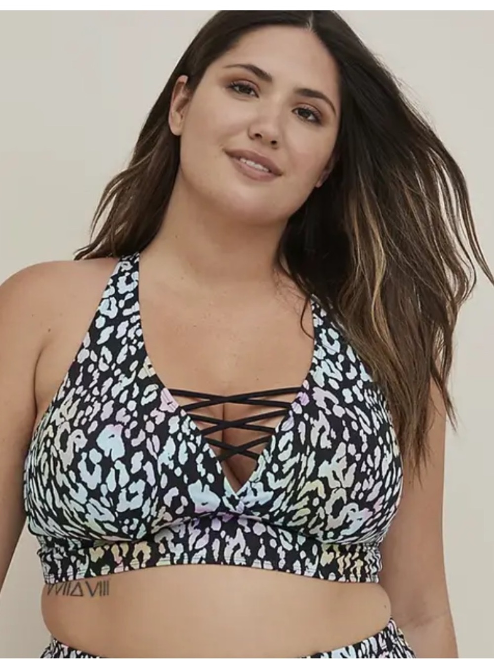 Plus-Size Lace-Up Halter Bikini Top in Multicolor Animal Print